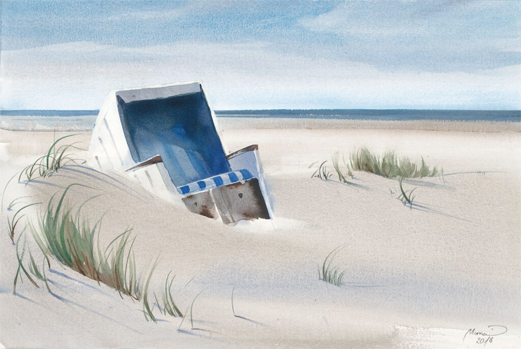 Aquarell von Maneis, ein Strandkorb an der Küste