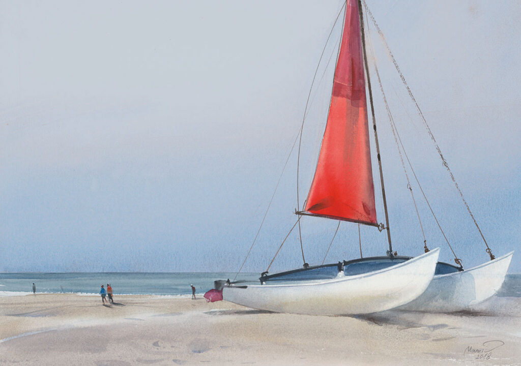 Aquarell von Maneis, Segelboote am Strand