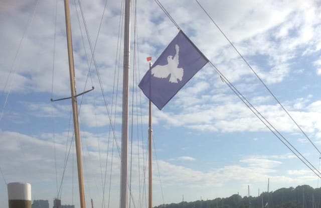 hellblaue Flagge mit einer weissen Taube vor blauem Himmel