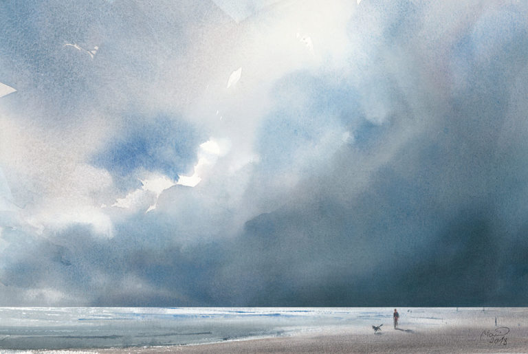 Aquarell der Nordseeküste vor wolkenverhangenem Himmel von Maneis