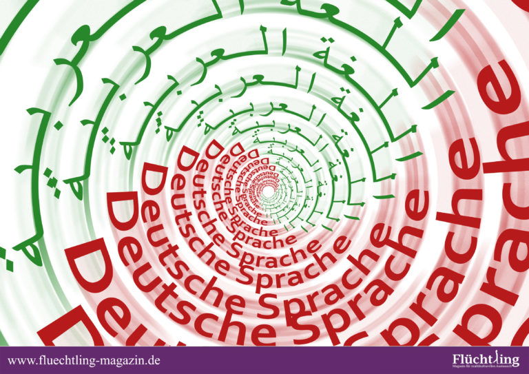 Künstlrische Darstellung der arabischen und deutschen Sprache in einer rot-grünen Spirale
