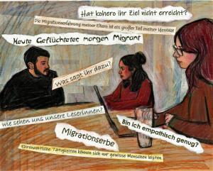 Diskussion bei kohero: Hussam, Sarah und Natalia